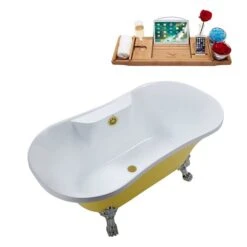 Streamline 32-in W X 60-in L Oval Yellow/Brushed Gold Acrylic Center Drain Clawfoot Bathtub With Tray