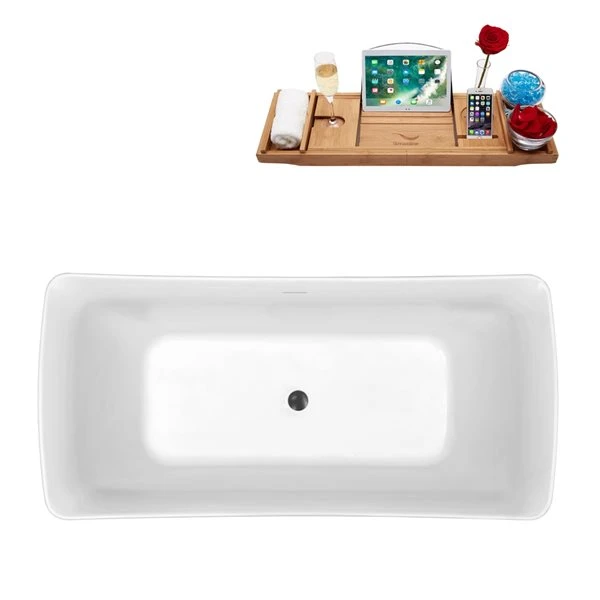Streamline 29.5-in W X 62.2-in L White/Brushed Gunmetal Acrylic Rectangular Center Drain Freestanding Bathtub With Tray - Image 3