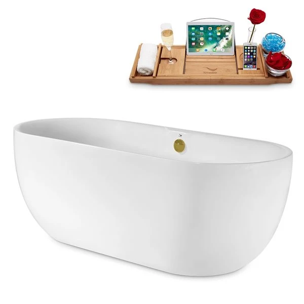 Streamline 29.5-in W X 66.9-in L White/Brushed Gold Acrylic Oval Center Drain Freestanding Bathtub With Tray - Image 4