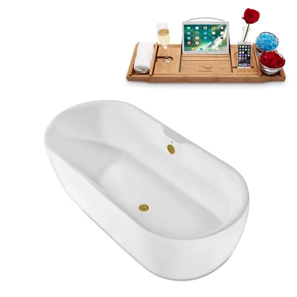 Streamline 29.5-in W X 66.9-in L White/Brushed Gold Acrylic Oval Center Drain Freestanding Bathtub With Tray