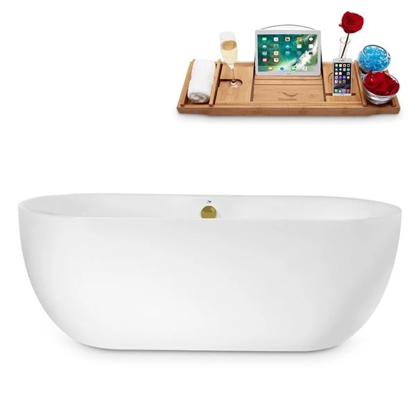 Streamline 29.5-in W X 66.9-in L White/Brushed Gold Acrylic Oval Center Drain Freestanding Bathtub With Tray - Image 2
