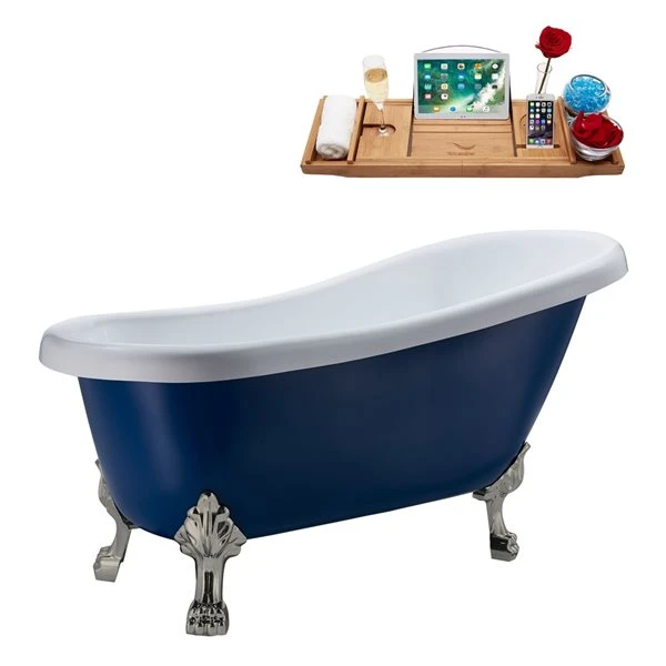 Streamline 27.5-in X 61-in Blue And Brushed Nickel Acrylic Oval Clawfoot Bathtub With Reversible Drain And Tray - Image 2