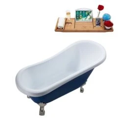 Streamline 27.5-in X 61-in Blue And Brushed Nickel Acrylic Oval Clawfoot Bathtub With Reversible Drain And Tray