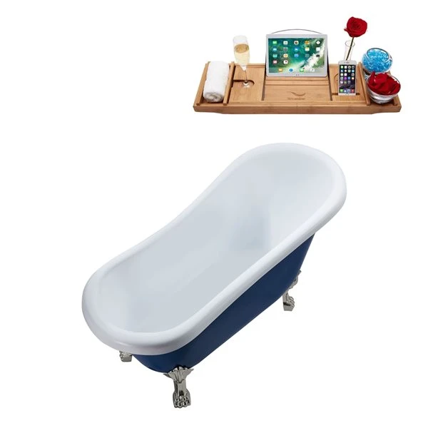 Streamline 27.5-in X 61-in Blue And Brushed Nickel Acrylic Oval Clawfoot Bathtub With Reversible Drain And Tray - Image 4