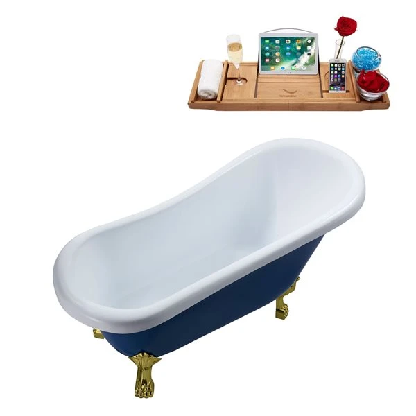Streamline 27.5-in X 61-in Blue And Brushed Gold Acrylic Oval Clawfoot Bathtub With Glossy White Drain And Tray - Image 2