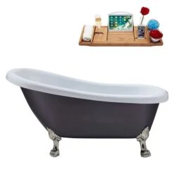 Streamline 27.5-in X 61-in Oval Grey And Brushed Nickel Acrylic Clawfoot Bathtub With Brushed Gold Drain And Tray