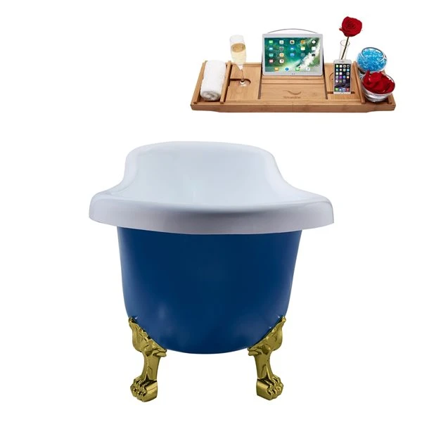 Streamline 27.5-in X 61-in Blue And Brushed Gold Acrylic Oval Clawfoot Bathtub With Brushed Gold Reversible Drain And Tray - Image 5