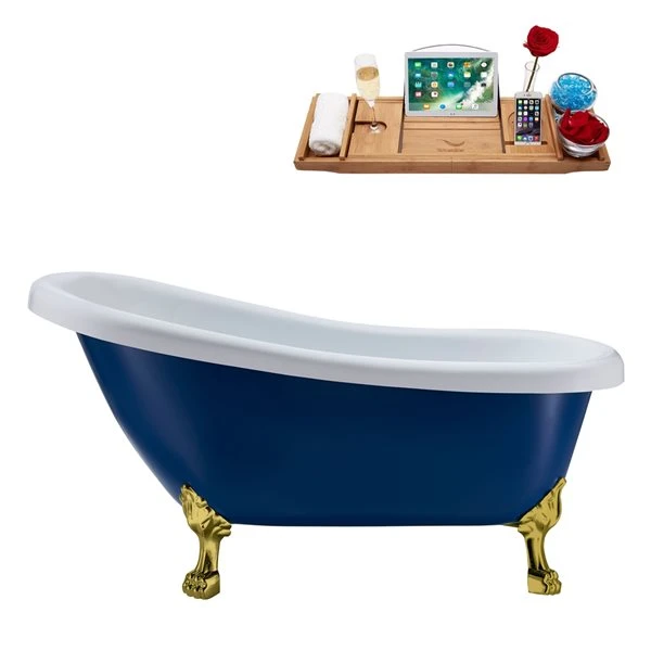 Streamline 27.5-in X 61-in Blue And Brushed Gold Acrylic Oval Clawfoot Bathtub With Brushed Gold Reversible Drain And Tray - Image 4
