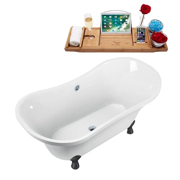 Streamline 32-in X 60-in White And Brushed Gun Metal Acrylic Oval Clawfoot Bathtub With Polished Chrome Drain And Tray