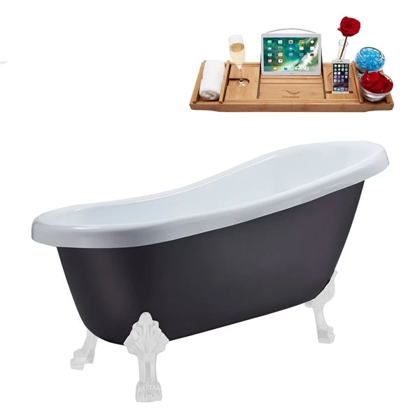 Streamline 27.5-in X 61-in Oval Grey And White Acrylic Clawfoot Bathtub With Brushed Gun Metal Drain And Tray - Image 3