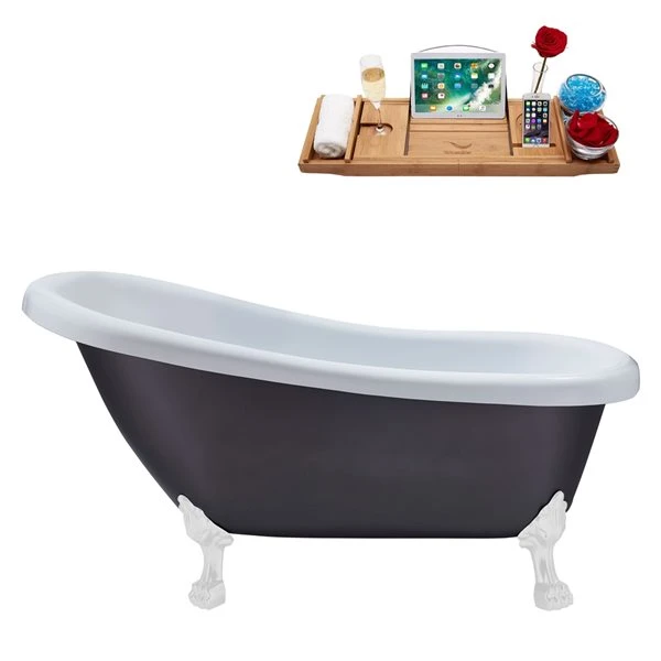 Streamline 27.5-in X 61-in Oval Grey And White Acrylic Clawfoot Bathtub With Brushed Gun Metal Drain And Tray - Image 2