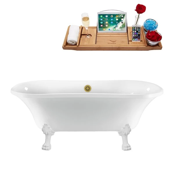 Streamline 34-in X 68-in Oval White Acrylic Clawfoot Bathtub With Brushed Gold Centre Drain And Tray - Image 3