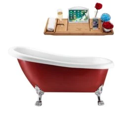 Streamline 27.5-in X 61-in Oval Red And Chrome Acrylic Clawfoot Bathtub With Brushed Gun Metal Drain And Tray