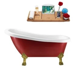 Streamline 27.5-in X 61-in Oval Red And Brushed Gold Acrylic Clawfoot Bathtub With Brushed Gun Metal Drain And Tray