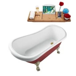 Streamline 27.5-in X 61-in Oval Red And Brushed Nickel Acrylic Clawfoot Bathtub With Brushed Gold Drain And Tray