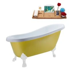 Streamline 27.5-in X 61-in Oval Yellow And White Acrylic Clawfoot Bathtub With Brushed Gun Metal Drain And Tray