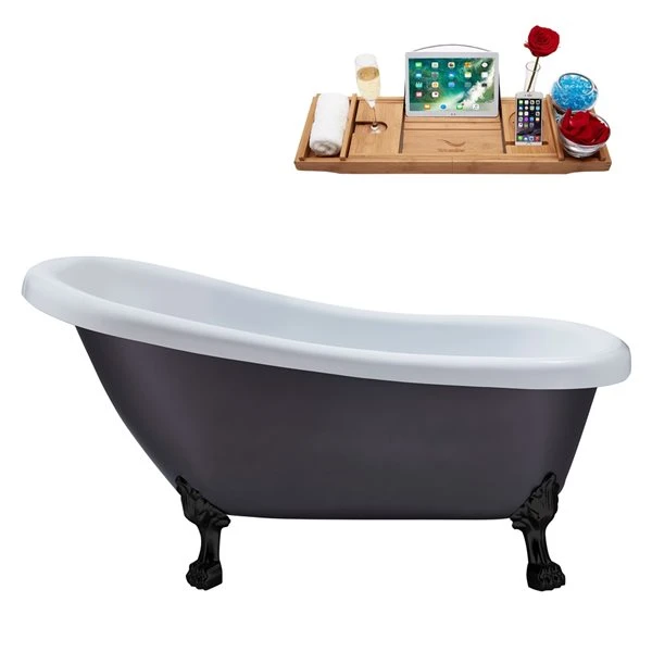 Streamline 27.5-in X 61-in Oval Grey And Black Acrylic Clawfoot Bathtub With Brushed Gun Metal Drain And Tray - Image 4