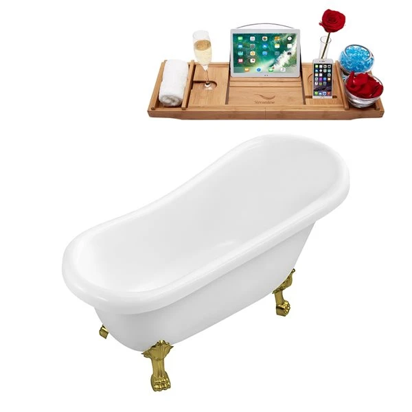 Streamline 27.5-in X 61-in Oval White And Brushed Gold Acrylic Clawfoot Bathtub With Glossy White Drain And Tray - Image 2