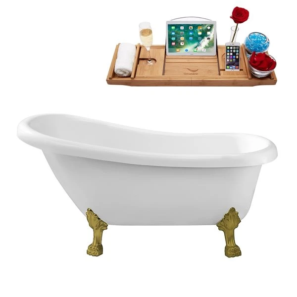 Streamline 27.5-in X 61-in Oval White And Brushed Gold Acrylic Clawfoot Bathtub With Glossy White Drain And Tray