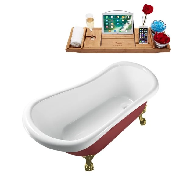 Streamline 27.5-in X 61-in Oval Red And Brushed Gold Acrylic Clawfoot Bathtub With Glossy White Drain And Tray - Image 2