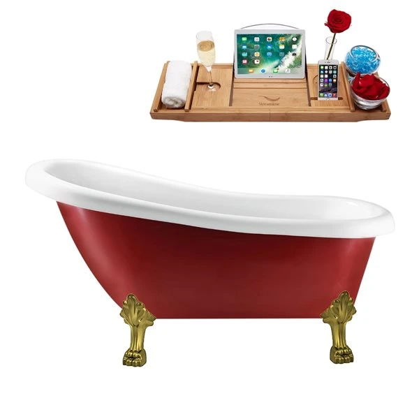 Streamline 27.5-in X 61-in Oval Red And Brushed Gold Acrylic Clawfoot Bathtub With Glossy White Drain And Tray - Image 5
