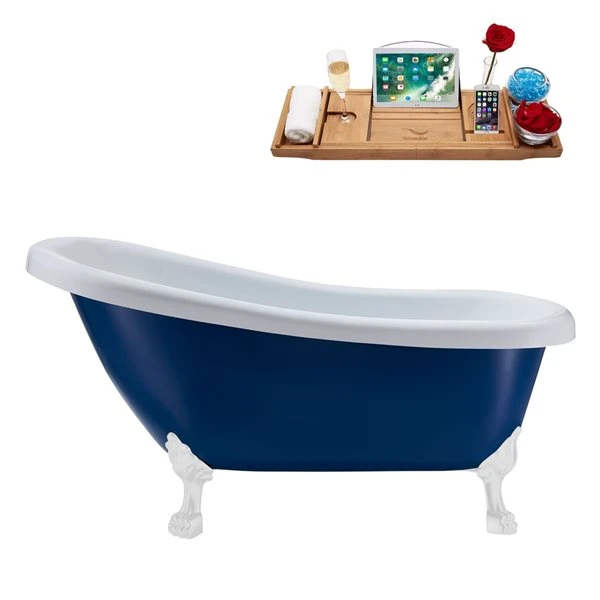 Streamline 27.5-in X 61-in Blue And White Acrylic Oval Clawfoot Bathtub With Brushed Gun Metal Drain And Tray - Image 4