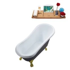 Streamline 27.5-in X 61-in Oval Grey And Brushed Gold Acrylic Clawfoot Bathtub With Brushed Nickel Drain And Tray