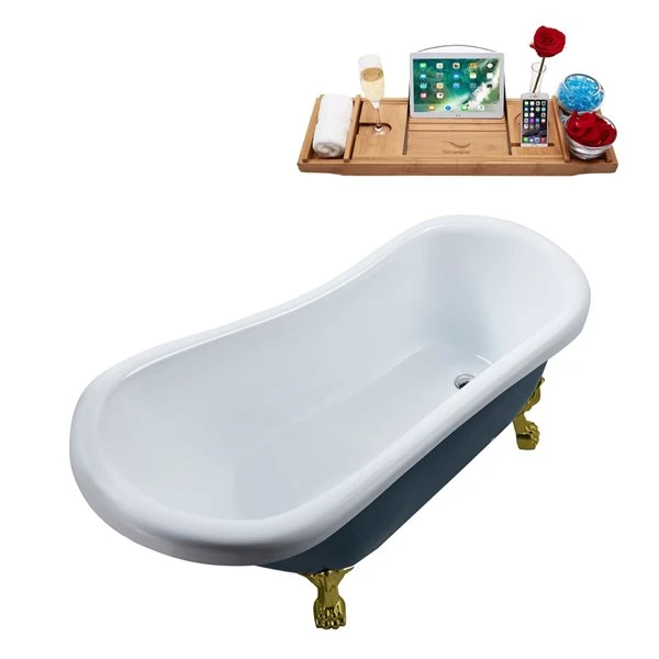 Streamline 27.5-in X 61-in Oval Blue And Brushed Gold Acrylic Clawfoot Bathtub With Polished Chrome Reversible Drain And Tray - Image 5