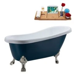 Streamline 27.5-in X 61-in Oval Blue And Brushed Nickel Acrylic Clawfoot Bathtub With Brushed Gold Drain And Tray