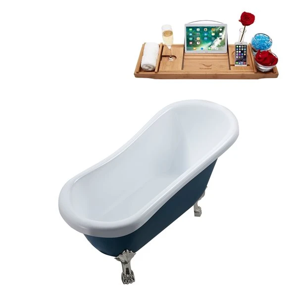 Streamline 27.5-in X 61-in Oval Blue And Brushed Nickel Acrylic Clawfoot Bathtub With Brushed Gold Drain And Tray - Image 4