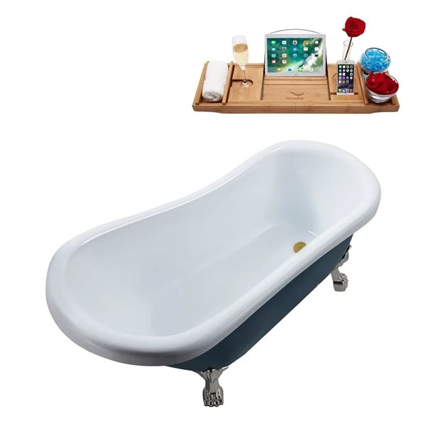 Streamline 27.5-in X 61-in Oval Blue And Brushed Nickel Acrylic Clawfoot Bathtub With Brushed Gold Drain And Tray - Image 3