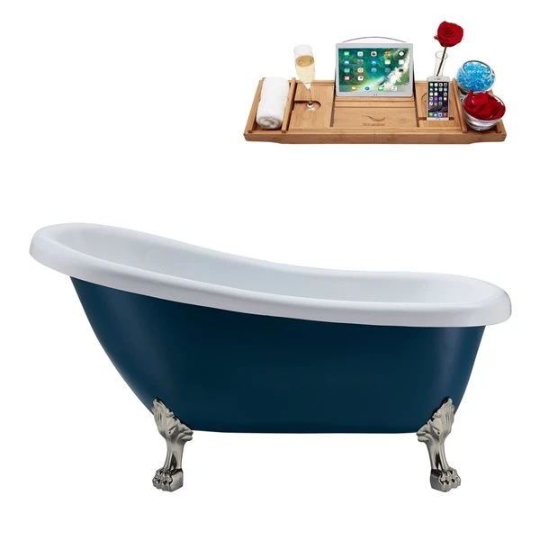 Streamline 27.5-in X 61-in Oval Blue And Brushed Nickel Acrylic Clawfoot Bathtub With Brushed Gold Drain And Tray - Image 5