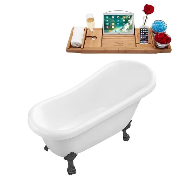 Streamline 27.5-in X 61-in Oval White And Brushed Gun Metal Acrylic Clawfoot Bathtub With Brushed Gold Drain And Tray - Image 4