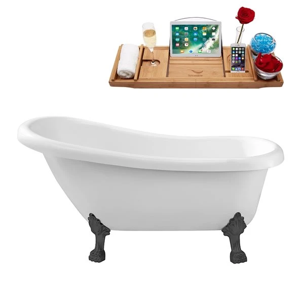 Streamline 27.5-in X 61-in Oval White And Brushed Gun Metal Acrylic Clawfoot Bathtub With Brushed Gold Drain And Tray - Image 2