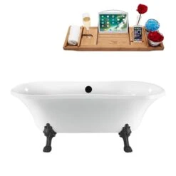 Streamline 34-in X 68-in Oval White And Brushed Gun Metal Acrylic Clawfoot Bathtub With Matte Black Drain And Tray