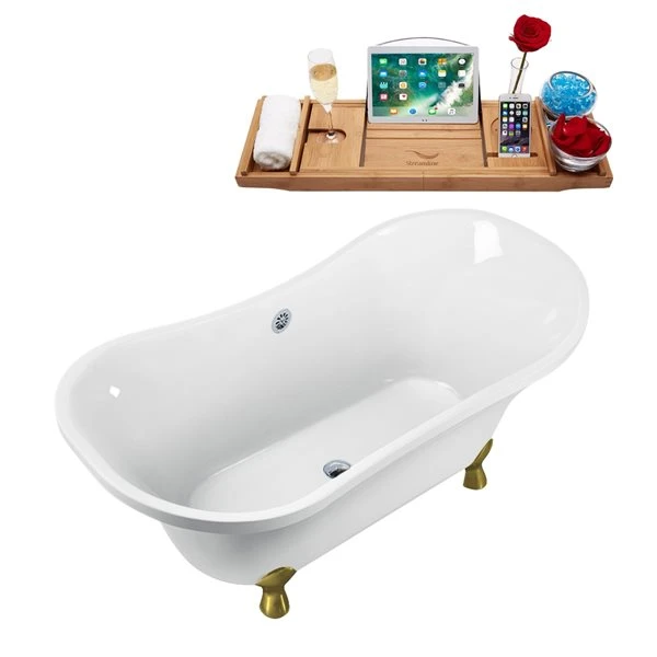 Streamline 32-in X 60-in White And Brushed Gold Acrylic Oval Clawfoot Bathtub With Polished Chrome Centre Drain And Tray - Image 2