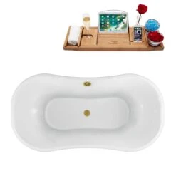 Streamline 32-in X 60-in White And Chrome Acrylic Oval Clawfoot Bathtub With Brushed Gold Centre Drain And Tray