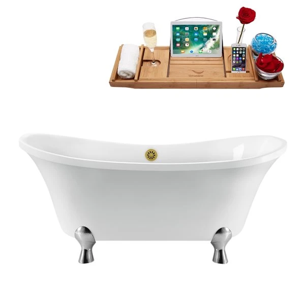 Streamline 32-in X 60-in White And Chrome Acrylic Oval Clawfoot Bathtub With Brushed Gold Centre Drain And Tray - Image 2