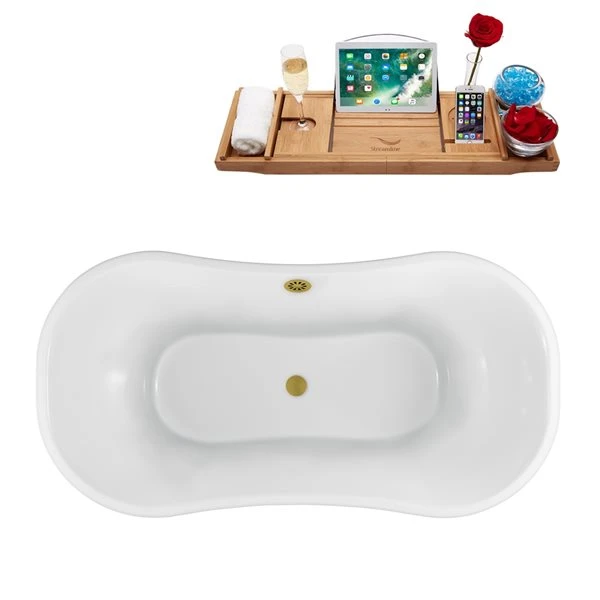 Streamline 32-in X 60-in White And Brushed Gold Acrylic Oval Clawfoot Bathtub With Brushed Gold Centre Drain And Tray