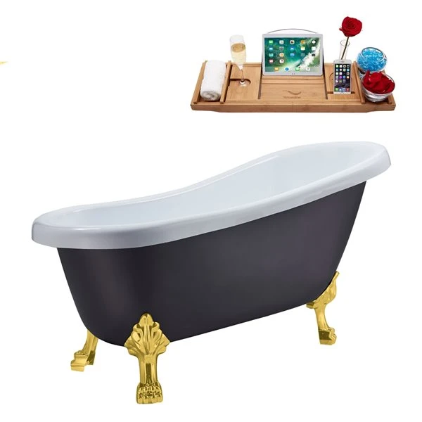 Streamline 27.5-in X 61-in Oval Grey And Gold Acrylic Clawfoot Bathtub With Brushed Gold Reversible Drain And Tray