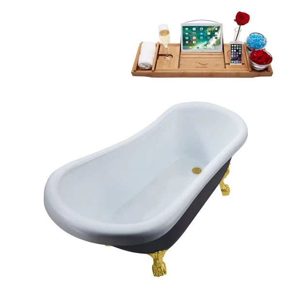 Streamline 27.5-in X 61-in Oval Grey And Gold Acrylic Clawfoot Bathtub With Brushed Gold Reversible Drain And Tray - Image 2