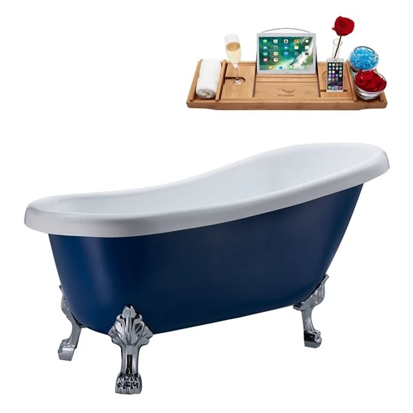 Streamline 27.5-in X 61-in Blue And Chrome Acrylic Oval Clawfoot Bathtub With Brushed Gun Metal Drain And Tray
