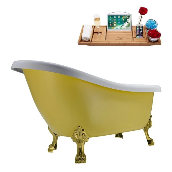 Streamline 27.5-in X 61-in Oval Yellow And Brushed Gold Acrylic Clawfoot Bathtub With Polished Gold Reversible Drain And Tray - Image 5