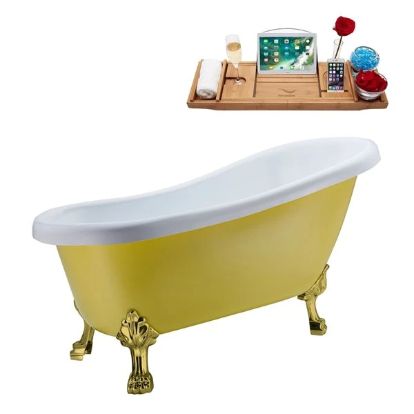 Streamline 27.5-in X 61-in Oval Yellow And Brushed Gold Acrylic Clawfoot Bathtub With Polished Gold Reversible Drain And Tray