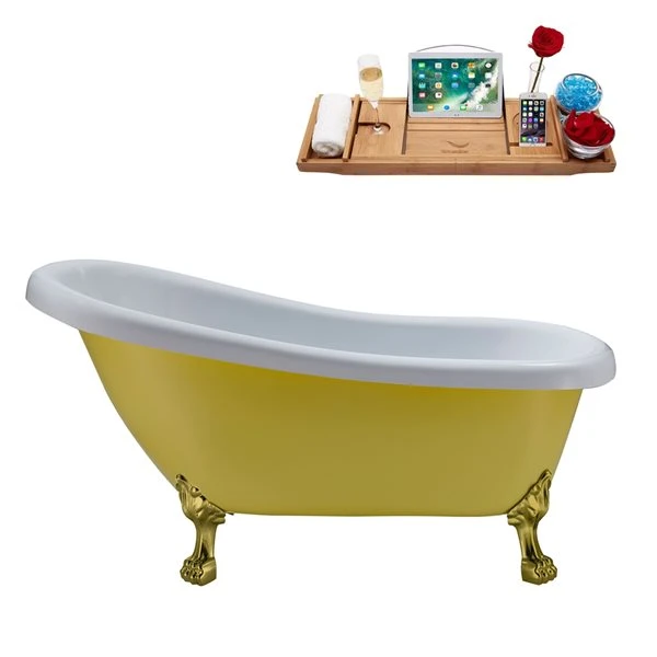 Streamline 27.5-in X 61-in Oval Yellow And Brushed Gold Acrylic Clawfoot Bathtub With Polished Gold Reversible Drain And Tray - Image 3