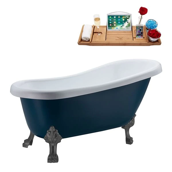 Streamline 27.5-in X 61-in Oval Blue And Brushed Gun Metal Acrylic Clawfoot Bathtub With Polished Gold Drain And Tray - Image 3