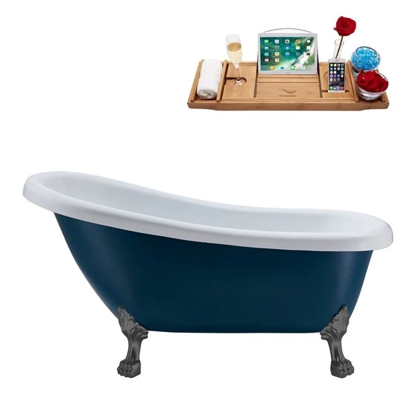 Streamline 27.5-in X 61-in Oval Blue And Brushed Gun Metal Acrylic Clawfoot Bathtub With Polished Gold Drain And Tray - Image 4