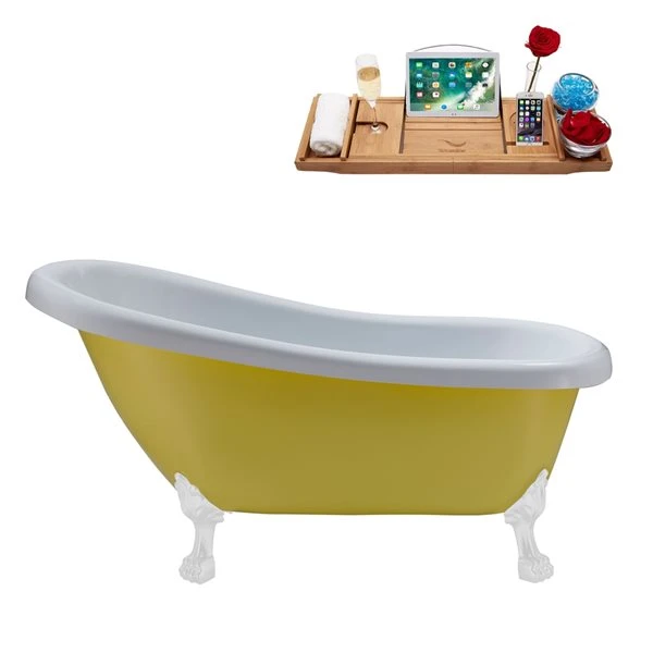 Streamline 27.5-in X 61-in Oval Yellow And White Acrylic Clawfoot Bathtub With Brushed Gold Reversible Drain And Tray - Image 2