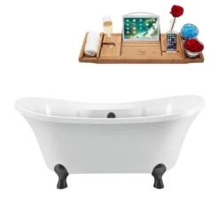 Streamline White And Brushed Gun Metal Acrylic Oval 34-in X 68-in Clawfoot Bathtub With Centre Drain And Tray