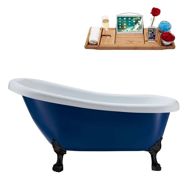 Streamline 27.5-in X 61-in Blue And Black Acrylic Oval Clawfoot Bathtub With Brushed Gold Reversible Drain And Tray - Image 3